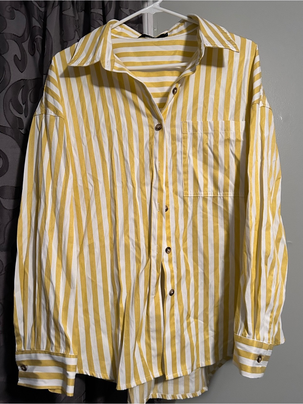 Woman’s Yellow & White Stripe Button-Up Shirt